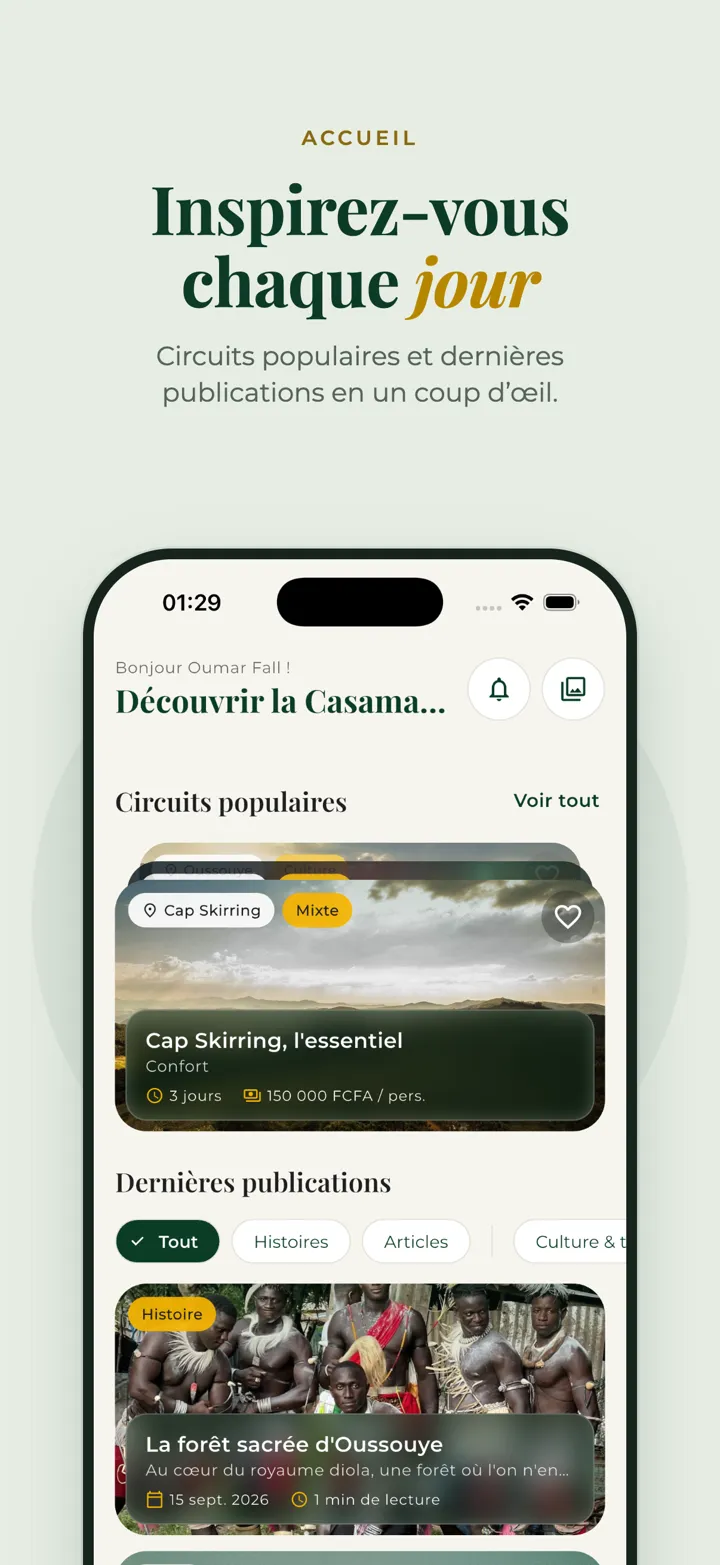 Capture d'écran de l'application : écran d'accueil avec les circuits populaires et les dernières publications