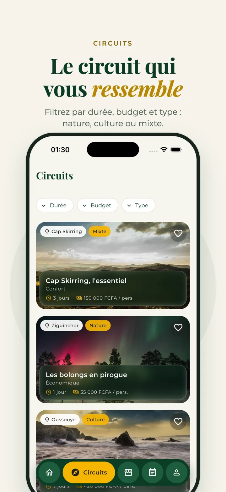 Capture d'écran de l'application : liste des circuits avec filtres par durée, budget et type