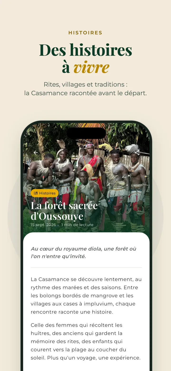 Capture d'écran de l'application : article sur la forêt sacrée d'Oussouye