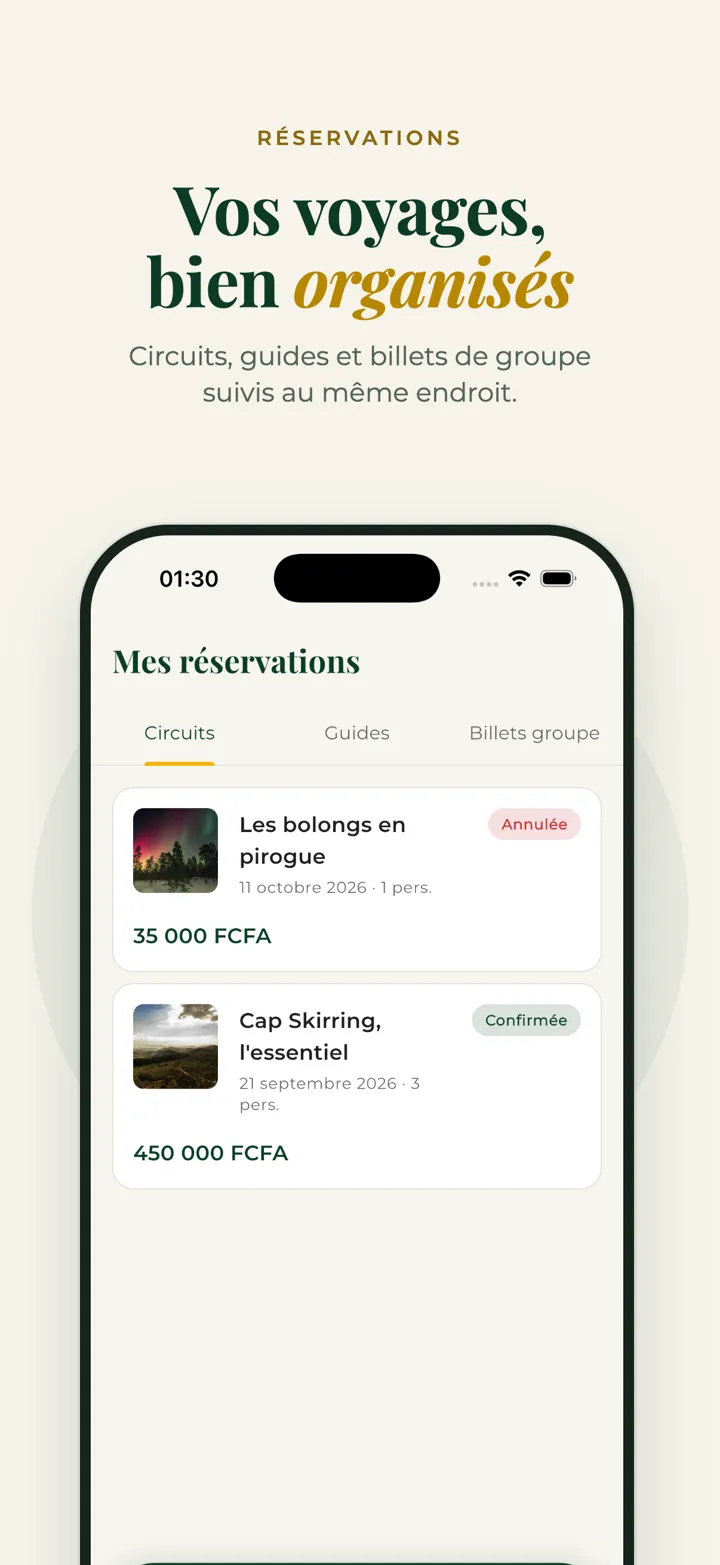 Capture d'écran de l'application : suivi des réservations de circuits, guides et billets de groupe