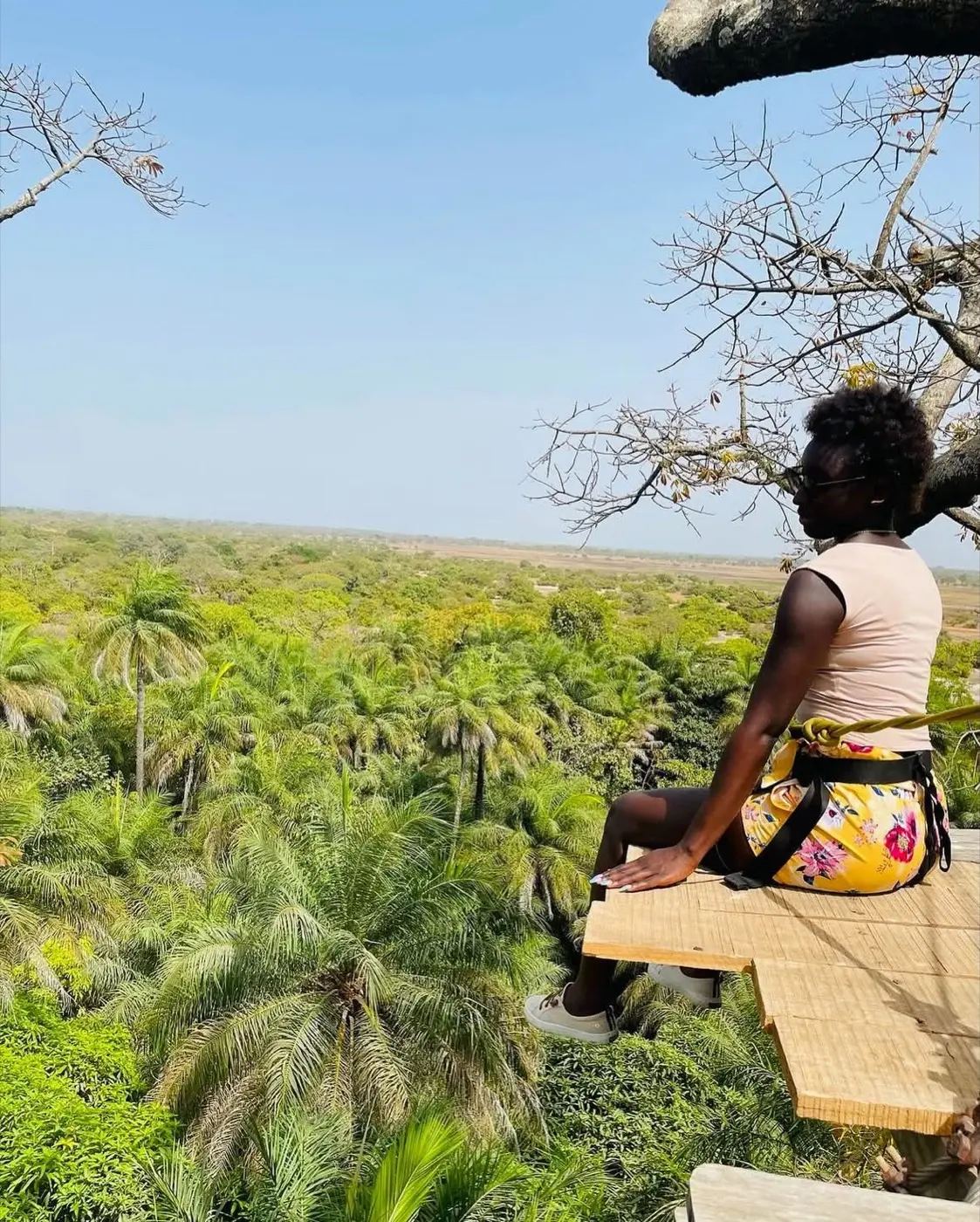 Voyageuse assise sur une plateforme dans un arbre, face à une forêt de palmiers à perte de vue